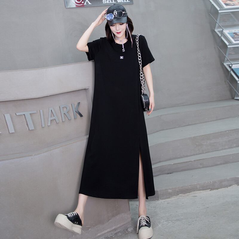 ラウンドネックドレス 大きめサイズ スカート Oネック ミックスインファッション38206404487