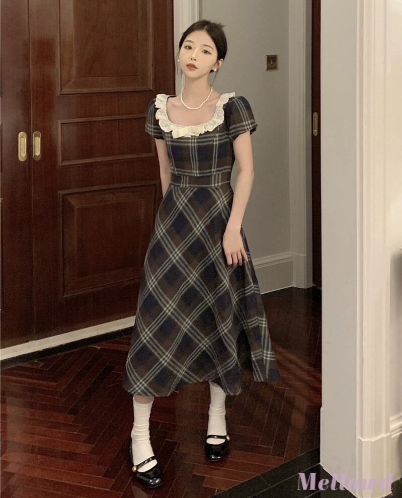 アンティークレースレトロチェックワンピース Mellowd メロディー Girly Lolita アンティークレースレトロチェックワンピース Mellowd メロディー Girly Lolita