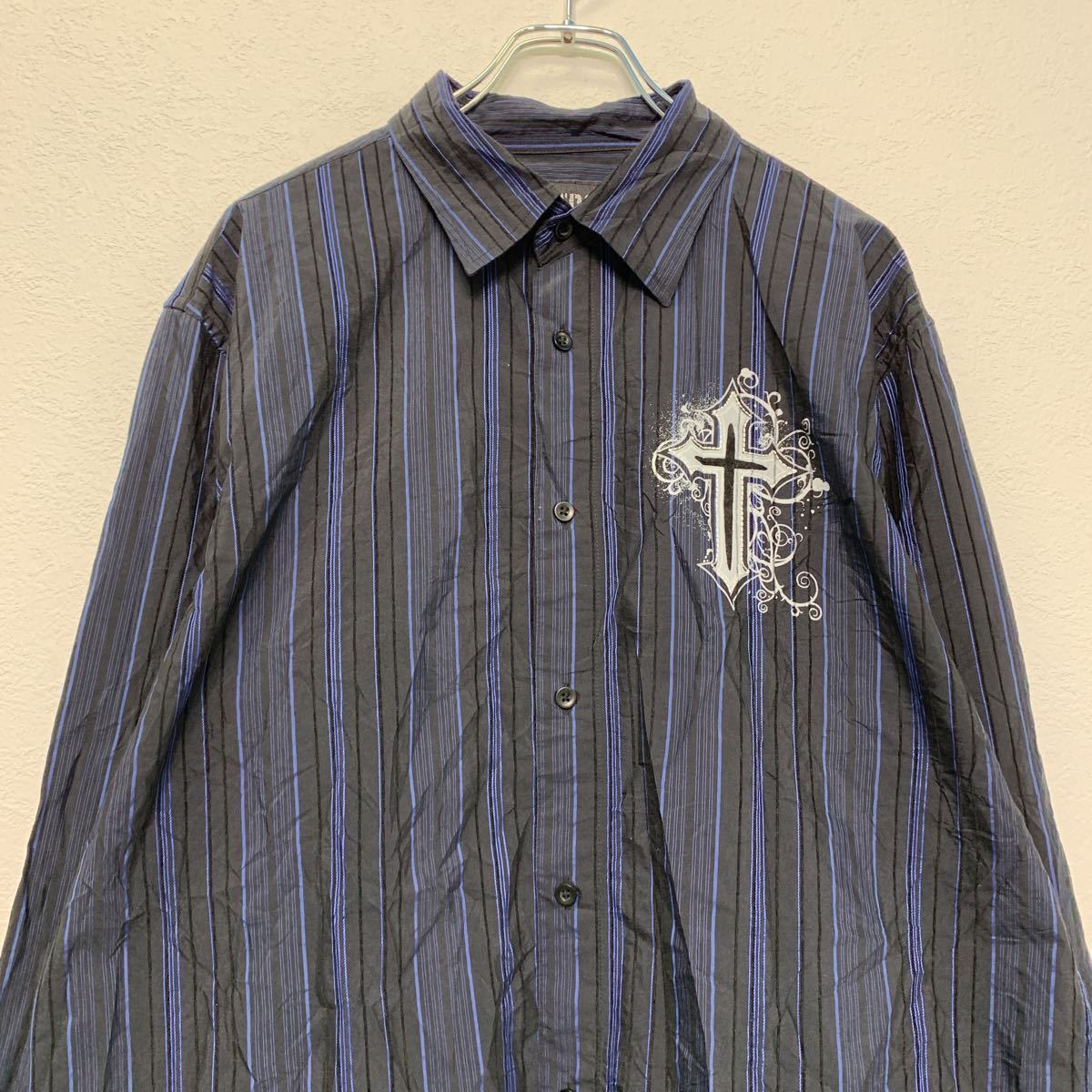 METRO BLACK 長袖 ストライプ シャツ XL ブラック ブルー メトロ