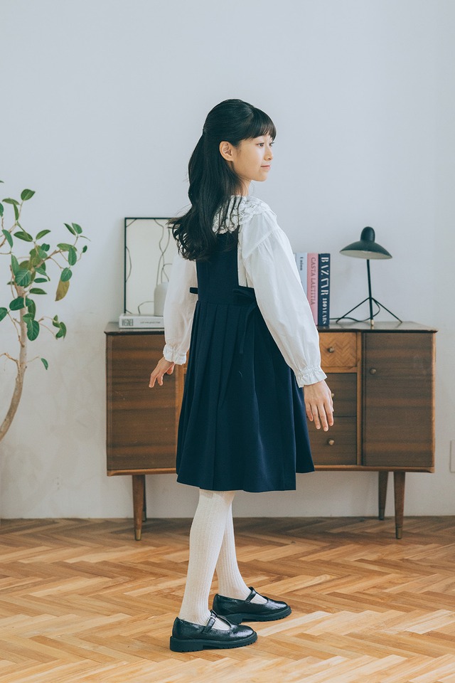 チュール刺繍襟ブラウス×サイドリボンジャンパースカートSET