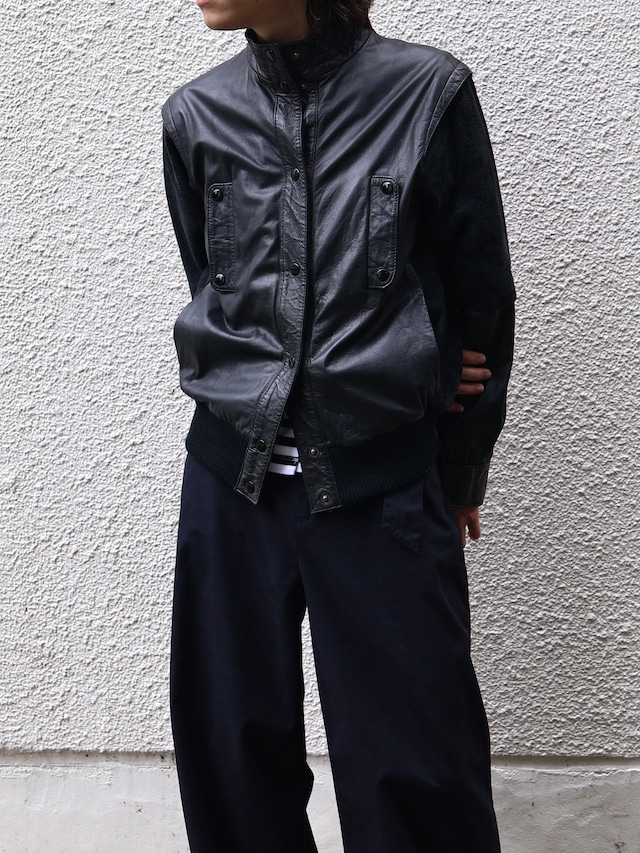 material switching leather blouson