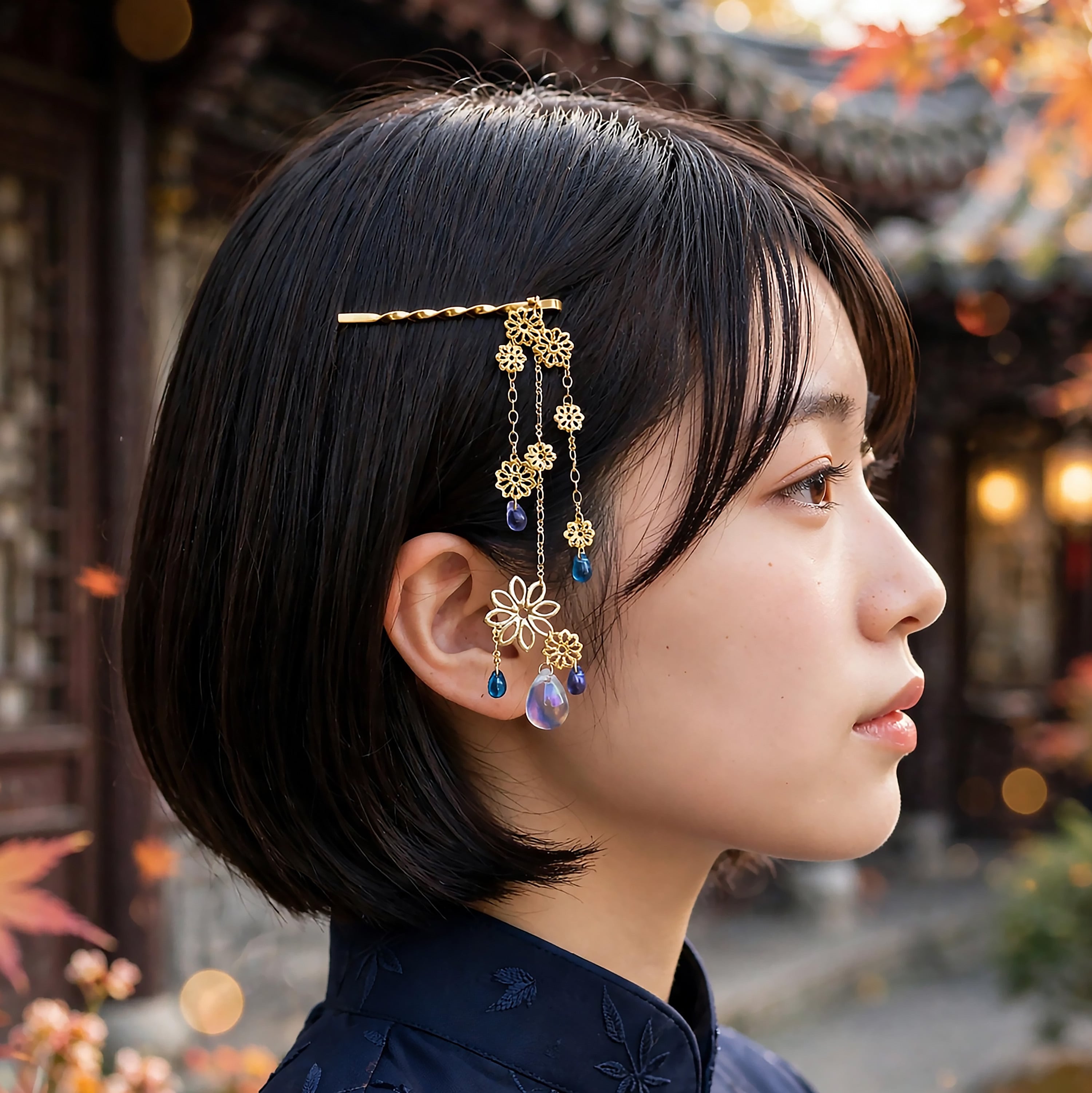 ヘアピン「こんこんと見ゆ」【チェコビーズ】軽量快適・ショートヘアも簡単アレンジ。