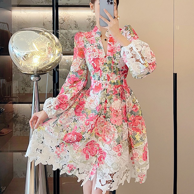 【RIMIシリーズ】ワンピース レース ランタンスリーブ カラフル ローズ色 S M L XL 2XL