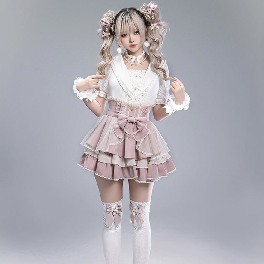 コルセット風 ティアード フリル スカート ブラック ピンク チェック