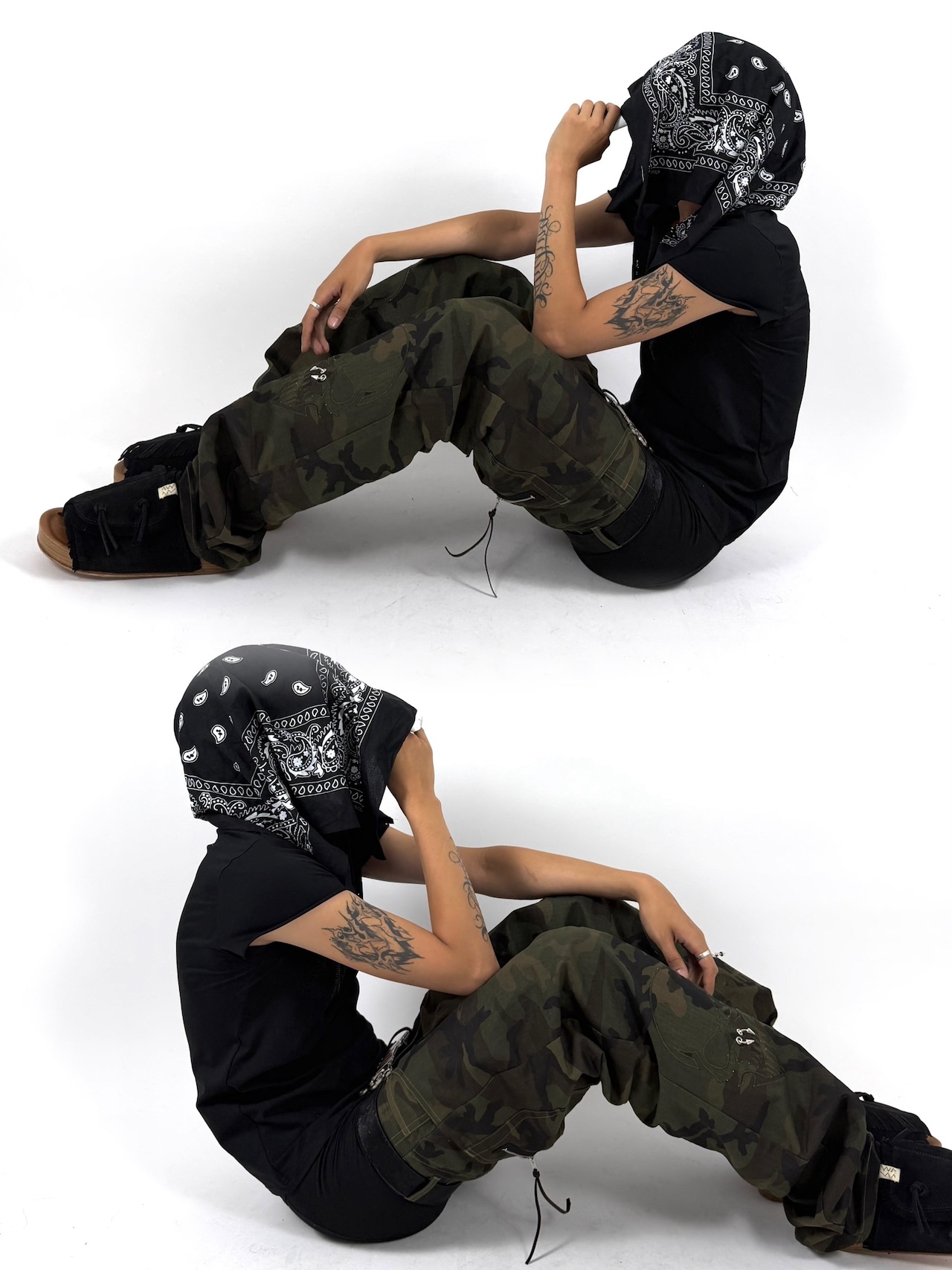 【UCANTBELIKEME】Skull Stitch Pierced Camo Straight Pants