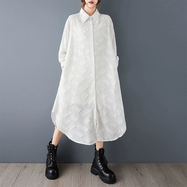SOLID 3D PATTERN LONG SLEEVES A-LINE MIDI SHIRT DRESS 2colors M-15186