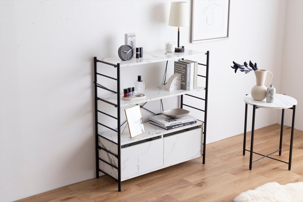 【新品 送料無料】引き出し付きシェルフ　全２色　幅80cm 収納ラック　収納家具 幅80cm】機能的で洗練された空間を作る引き出し付きシェルフ