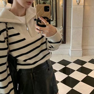 ビッグ ラペル ハーフ ジッパー ボーダー セーター 341183