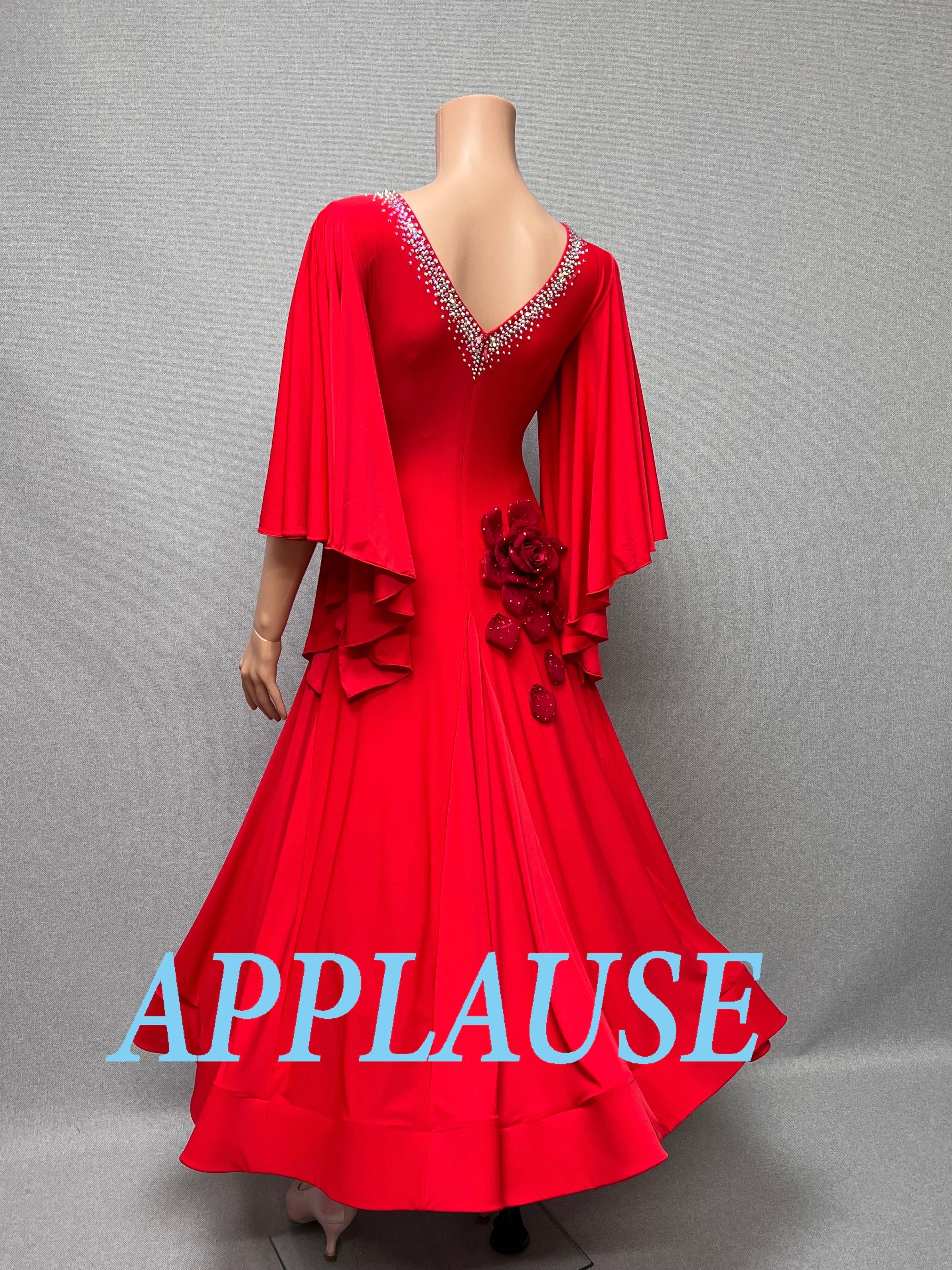 【新着】社交ダンス ドレス　モダン　スタンダード ドレス　ST-26-４　レッド（バラ）　M〜L　デモ・競技用ドレス　発表会　衣装　パーティドレス　ワンピース　舞台衣装