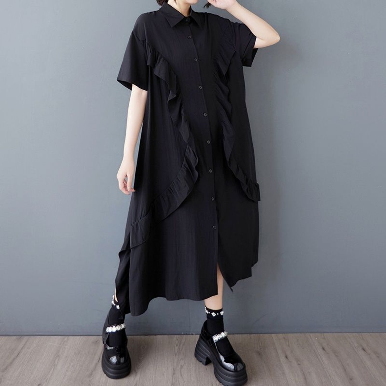 フロントフリル シャツワンピース 30076