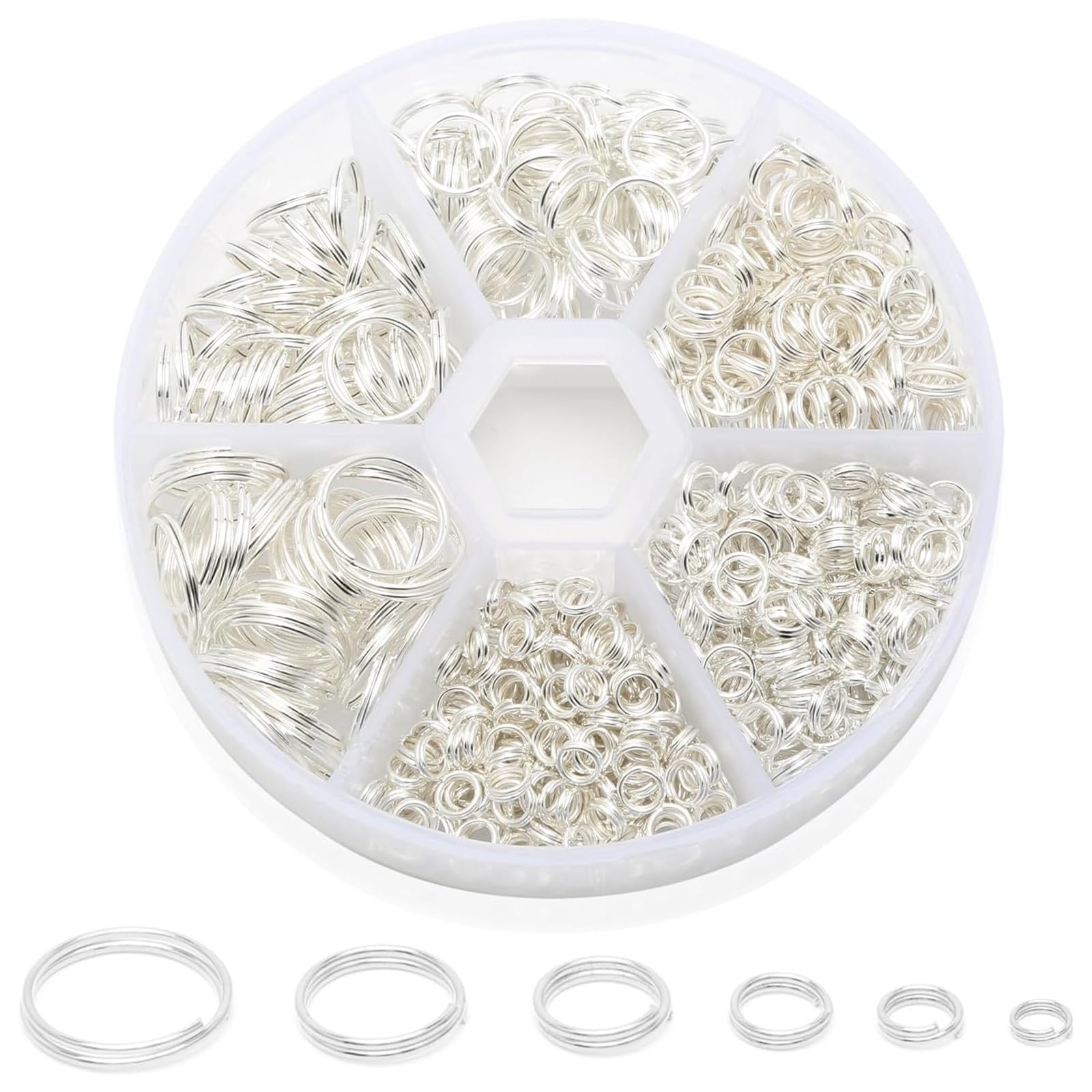 【特価処分】二重リング 二重丸カン 6種セット 4-12mm直径 DIY用 手芸用品 線二重カン ラウンドケース付 (シルバー)