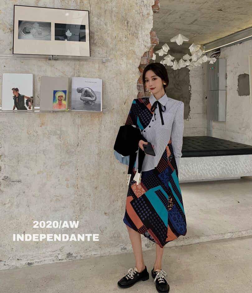 ステッチストライププリントデザインセンスニッチスカート長袖シャツワンピース女性2020年秋新ミドル丈スカート ブラックストロベリース84030167107