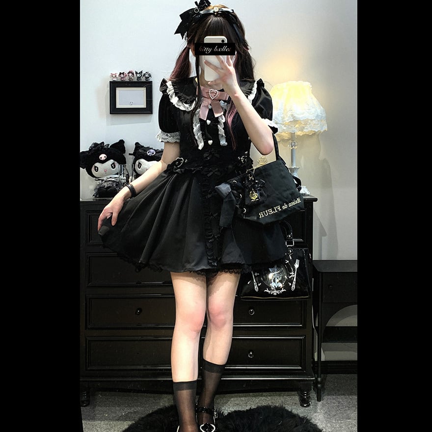量産型ゴスロリ レースリボン半袖ブラウス 黒ピンク推し活ライブ参戦服
