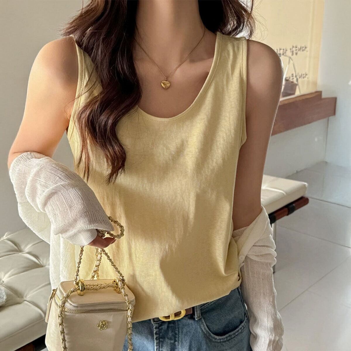 タンクトップ インナー レディース 春夏 韓国 薄手 無地 シンプル 大人 柔らかい ゆったり 体型カバー 重ね着 レイヤード Uネック 通気性 伸縮性 大人可愛い 大人女子