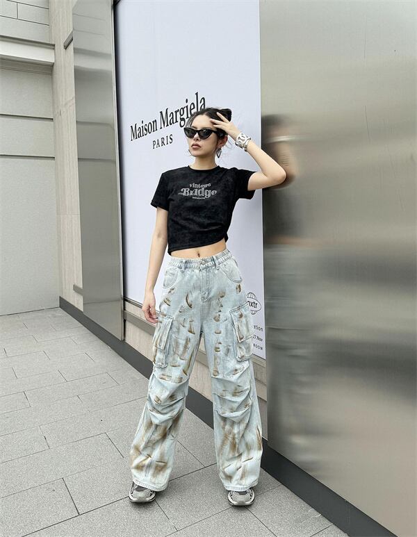 デニム カーゴ パンツ ジーンズ ポケット 韓国 ストリート系 Y2K 