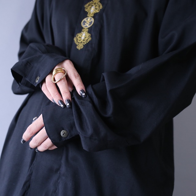 "刺繍" elegant design fry-front band-collar minimal mode shirt