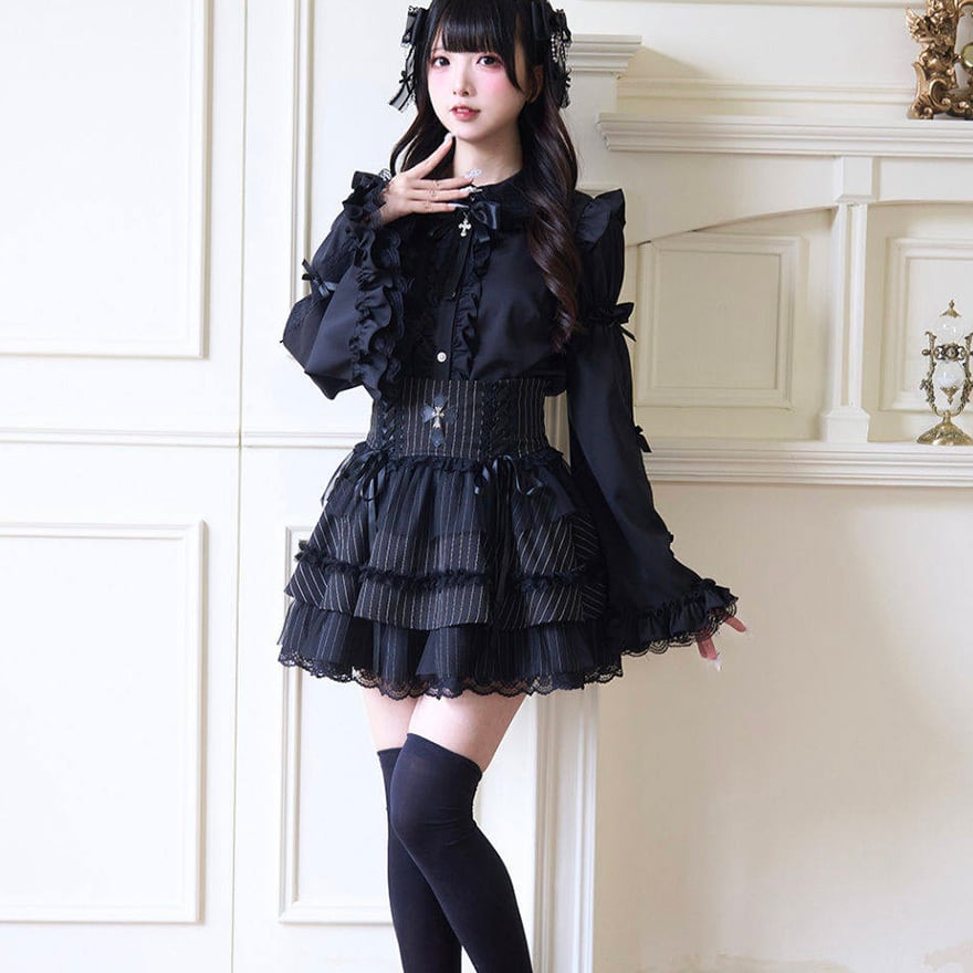 ゴスロリ三段フリルミニスカート コルセット風 十字架チャーム付 縞模様チュール|WithU