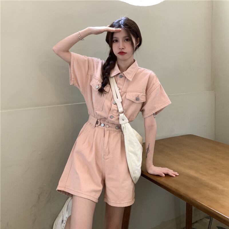 サマー薄手ハイウェストショーツ ジャンプスーツ オールインワン Aラインパンツ ブルー 夏物 ブルマー 萌量不足5770631948