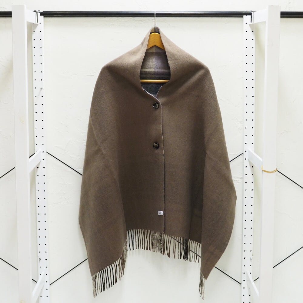 ウール100％ チェック柄×無地 リバーシブル ポンチョストール