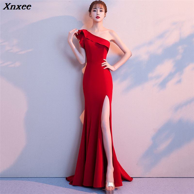 片方 肩 Reffles ノースリーブ ロングマーメイドセクシー スリット