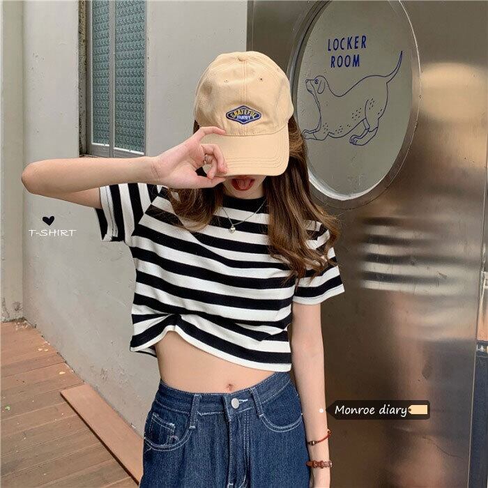 ストライプTシャツ ショートサマークロップドトップス 夏物 モンロー67789059925