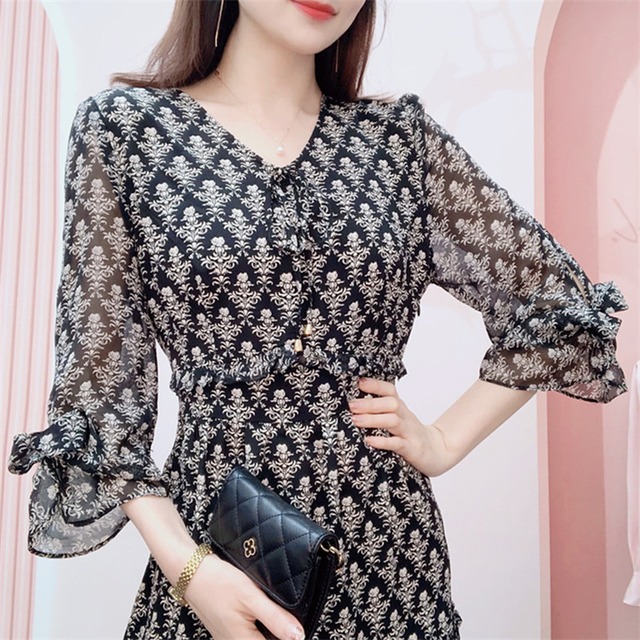 2023秋の新商品ハンパイレディースファッションスタイル通勤プリントシフォンミドル丈長袖ワンピース