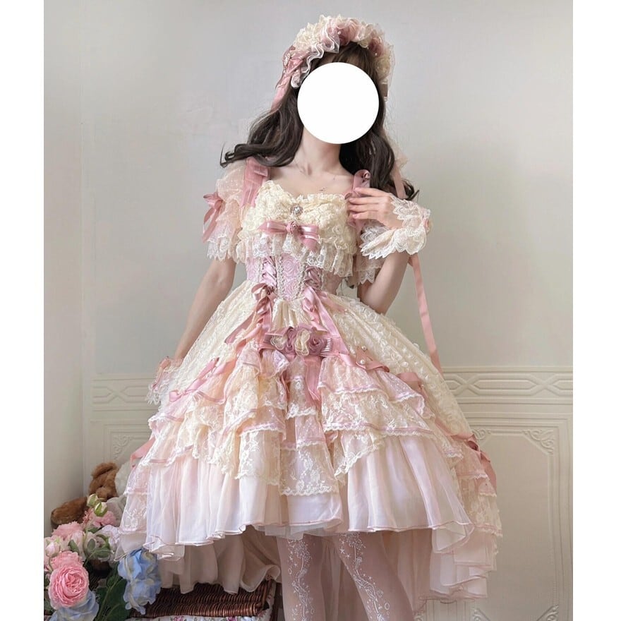 甘ロリ ドレスセット フィッシュテールフリル 薔薇リボン レース