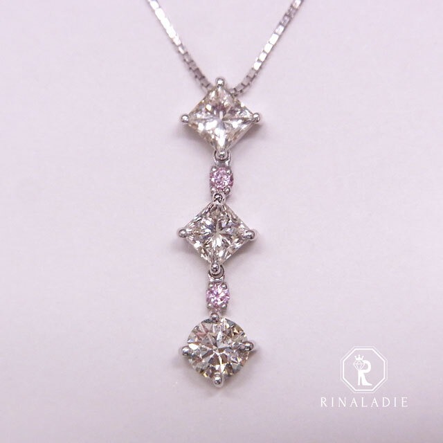 大特価Pt900天然ダイヤモンド総1ct三美神トリロジーネックレスピンクダイヤ添え