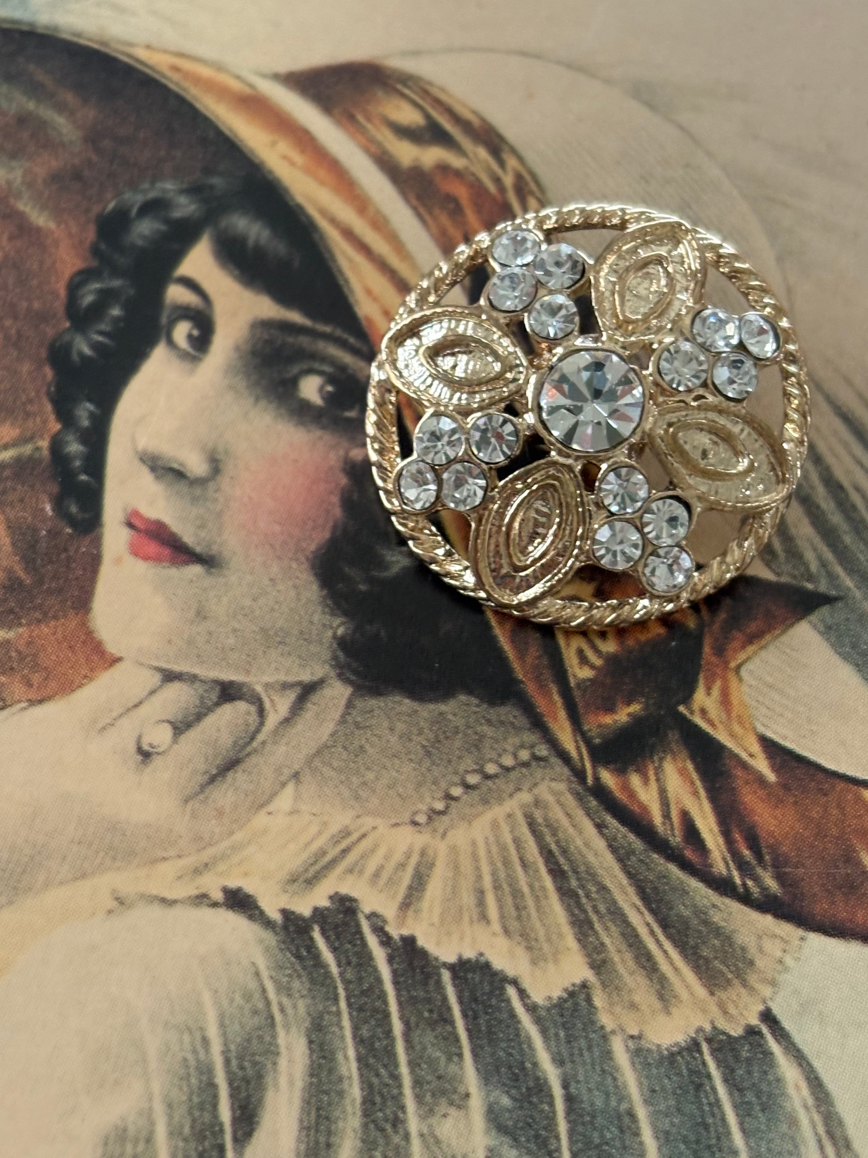 22mm 輸入デザインボタン ドーム型 ゴールド×ストーン 透かし アクセサリーパーツ デコレーション材