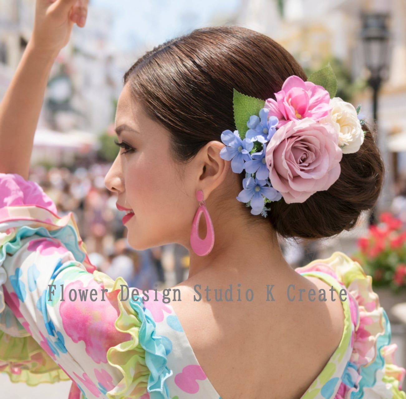 フラメンコ・フローレス・発表会に♡ピンクの薔薇と紫陽花の花束風髪飾り フローレス アジサイ あじさい 発表会 エクリュ バラ 水色 お花