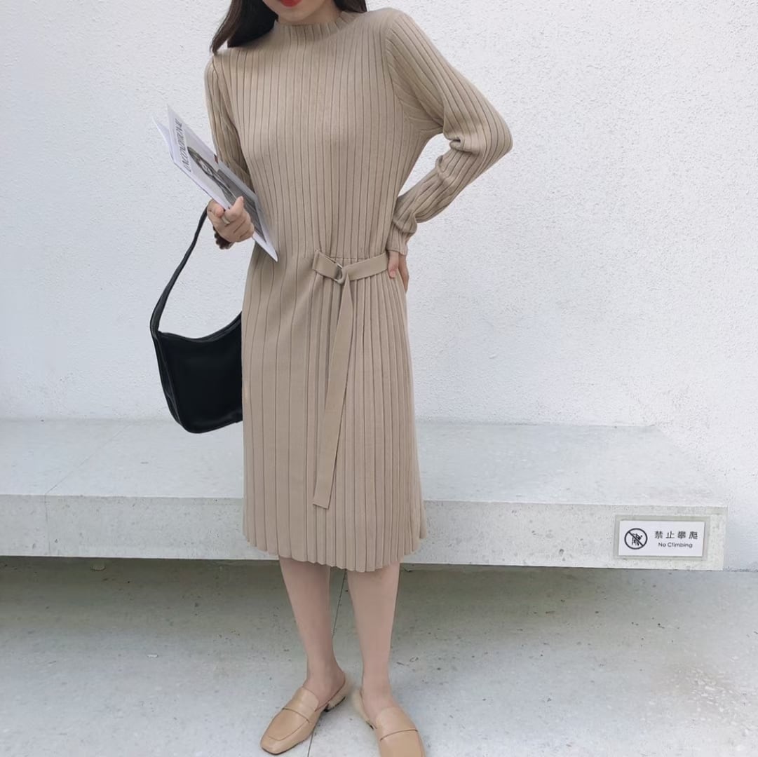 ベルトアクセント　リブプリーツ ニットワンピース　AJ1050-D009