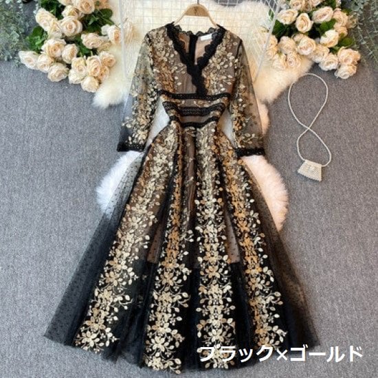 パーティードレス レディース ワンピース 演奏会ドレス 結婚式ドレス 花柄 フラワー 刺繍 総柄 ハイウエスト Ｖネック Ａラインスカート 長袖  きれいめ エレガント フォーマル お呼ばれ レース