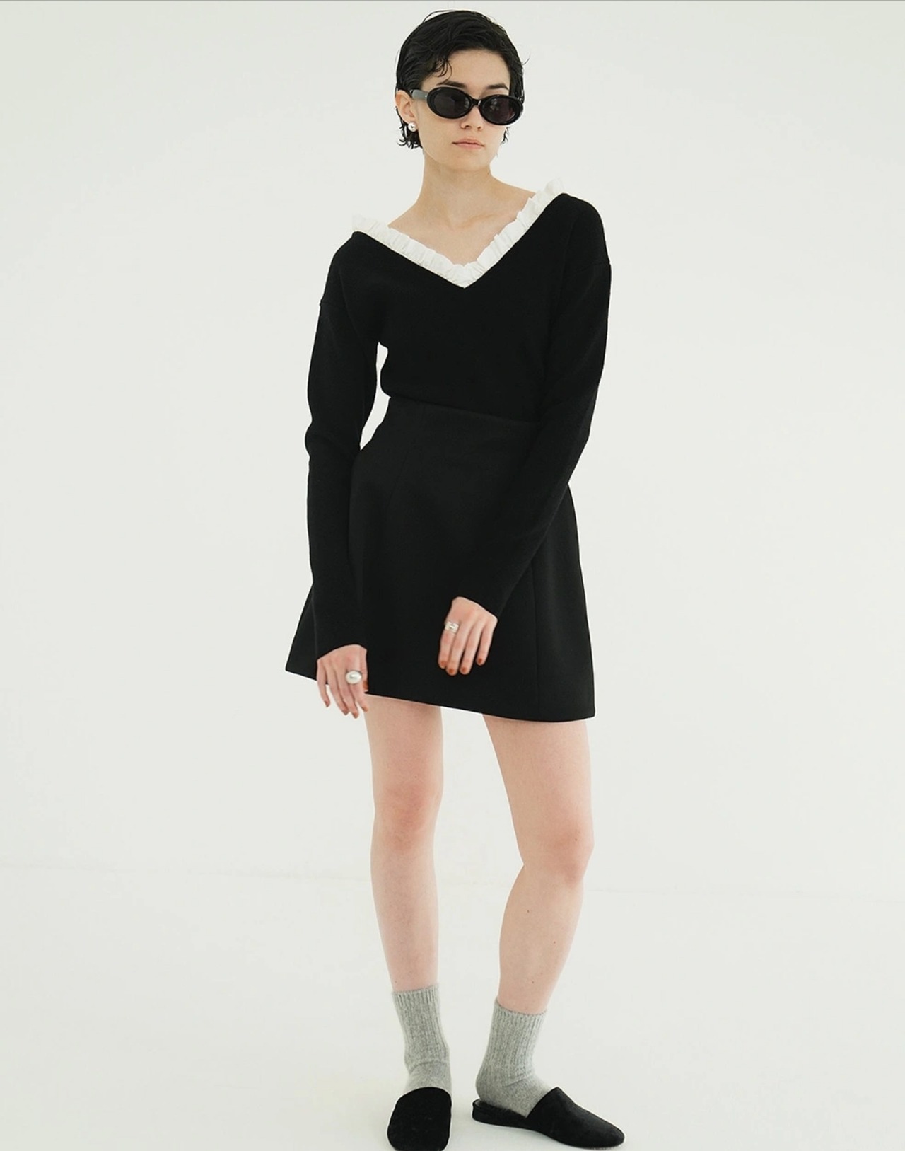 CLANE FRILL V NECK KNIT TOPS