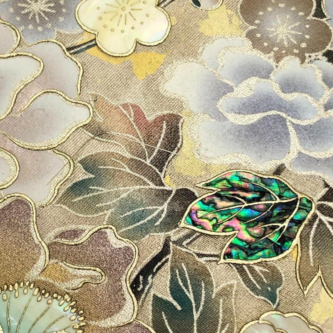 ☆ 袋帯 螺鈿作家 藤本隆士 縦柄花模様 金彩 薄鼠色 O-5124 袋帯 螺鈿作家 藤本隆士 縦柄花模様 金彩 薄鼠色 O-5124