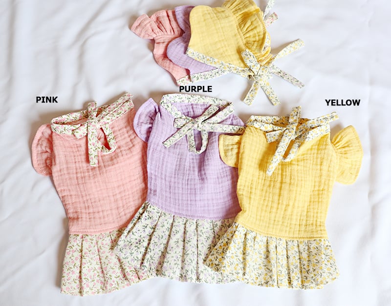 【SALE】花柄リボンワンピース帽子セット S ~ XL 3color / ハンドメイド 犬服 ドッグウェア 可愛い 犬の服 猫 春夏 ペット