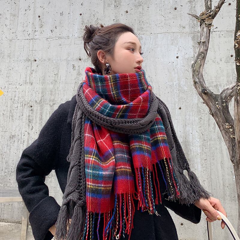オータムウィンターニット格子柄スカーフ レディース 大人ガーリー スウィート キュート カジュアル 秋物 冬物 ステッチ ブラック・アイド・ピーズ97050963453