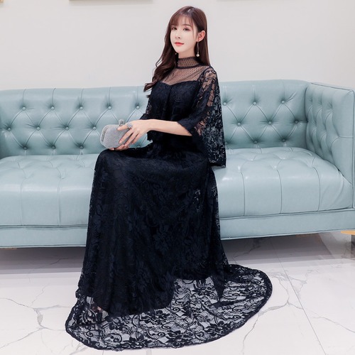 ワンピース ロング丈 スタンドカラー 総レース 透け感 ビスチェ風 ベルスリーブ 七分袖 ホワイト ブラック 大きいサイズ お呼ばれ パーティ 秋冬 レディース　BADA0127