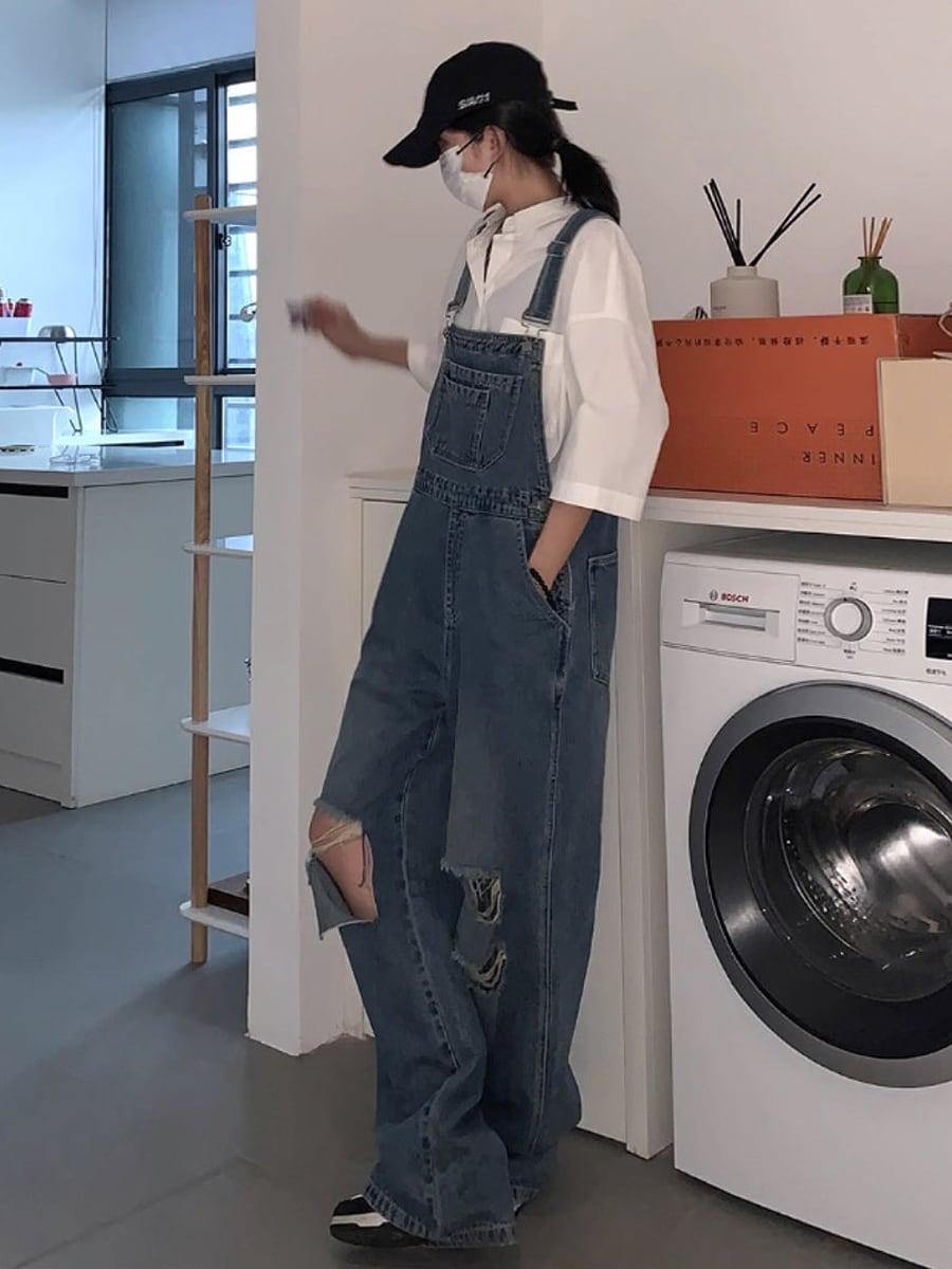 【686】 ビブパンツ サロペット デニム風 ダメージ加工 Lサイズ カッコイイ デニムパンツ オールシーズン メンズ ブルー サロペット