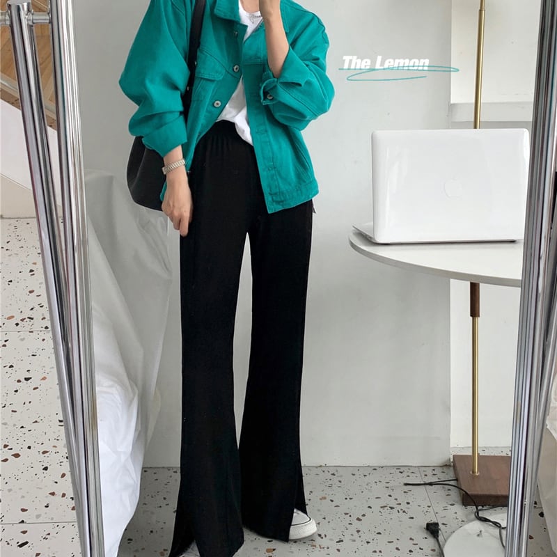 ロングサイドスリットカジュアルパンツ スプリングオータム薄手ハイウェスト 春物 秋物 ビッグFスモールZ韓国15568938960