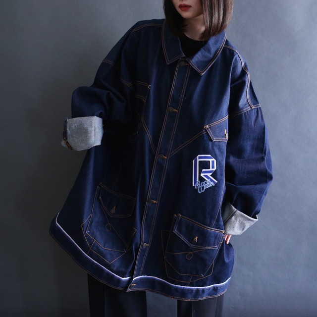 4-pocket orange stitch design super big denim jacket