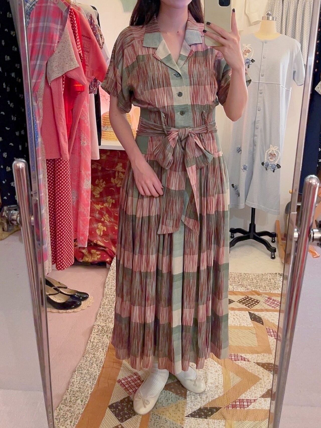 green check open collar one-piece