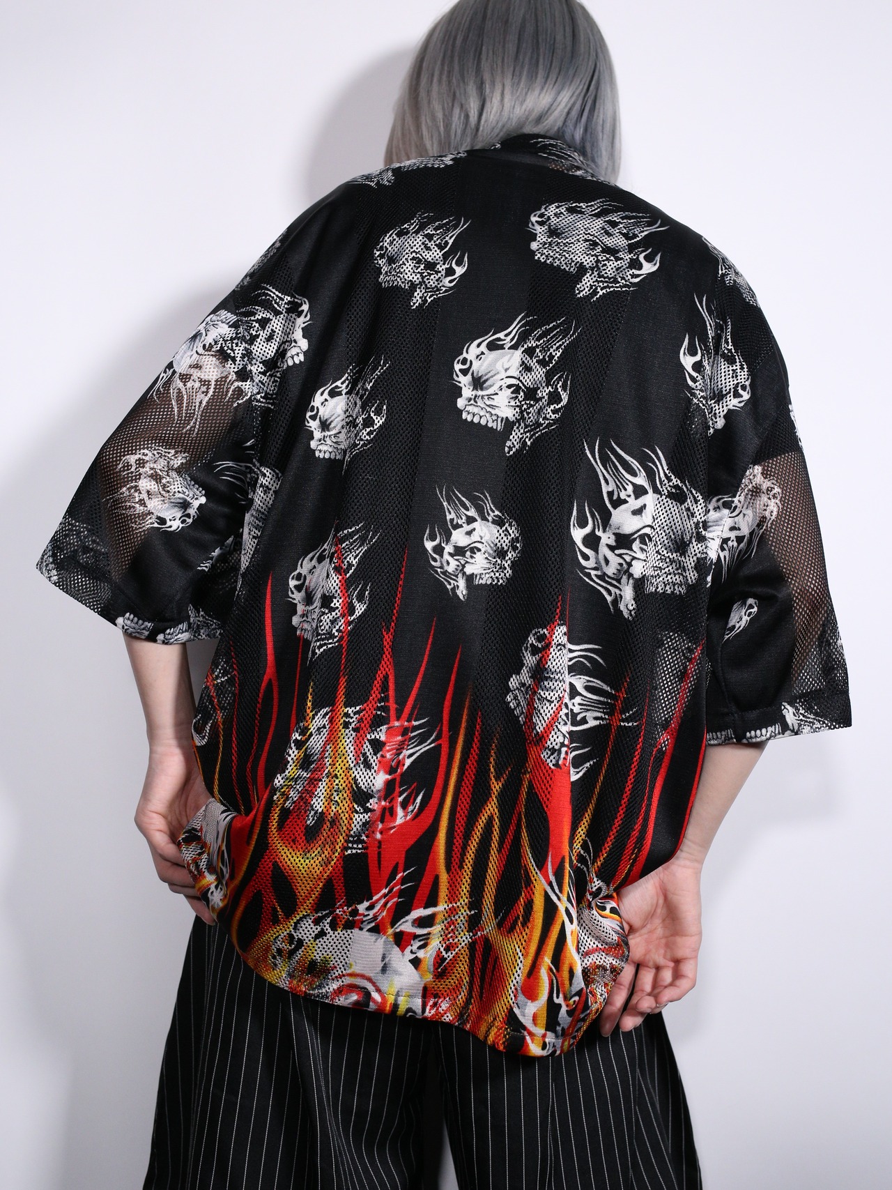 "skull × fire" box silhouette mesh s/s shirt - 6