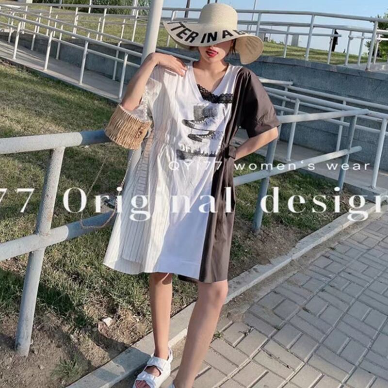 サマーウェストVネックストライプドレス 大きめサイズ 夏物 ステッチ ミックスインファッション76899575191