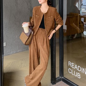 Collarless jacket & wide pants set S1646