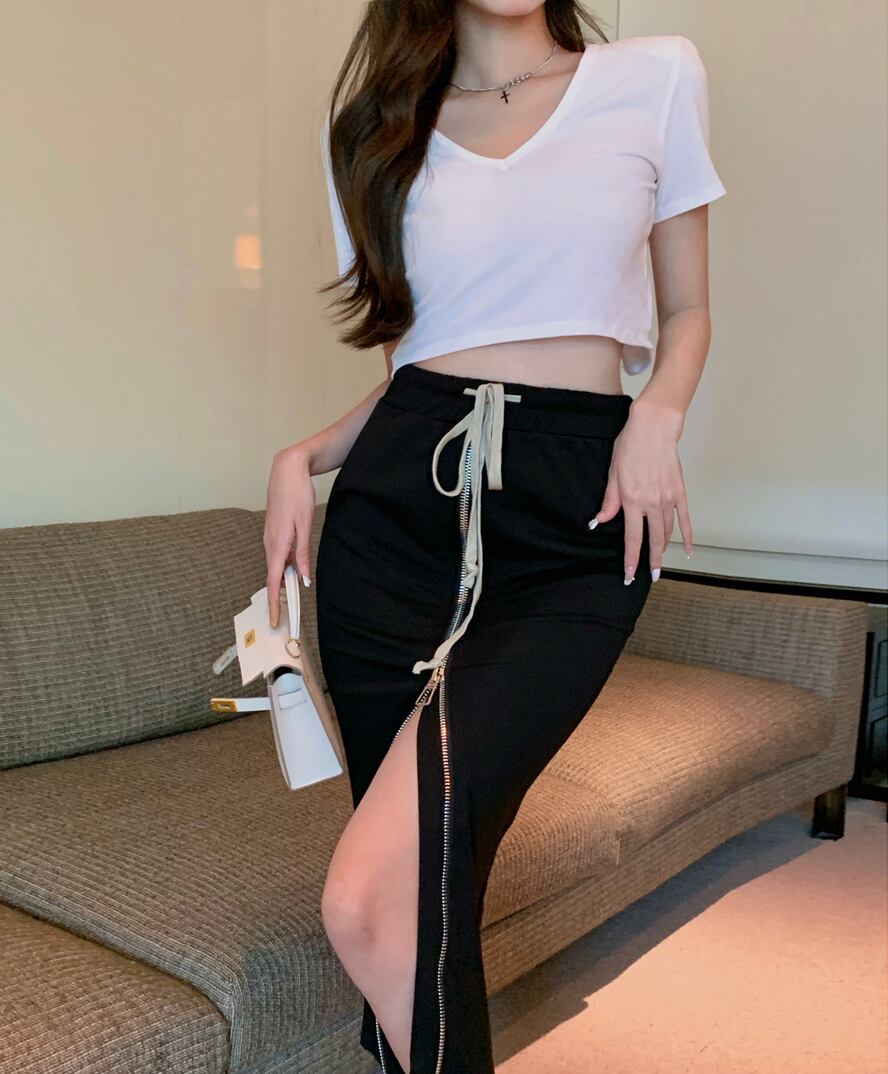 スカート ジッパースリットサマーハイウェスト薄手ブラック 夏物 ブラックストロベリース80409181714