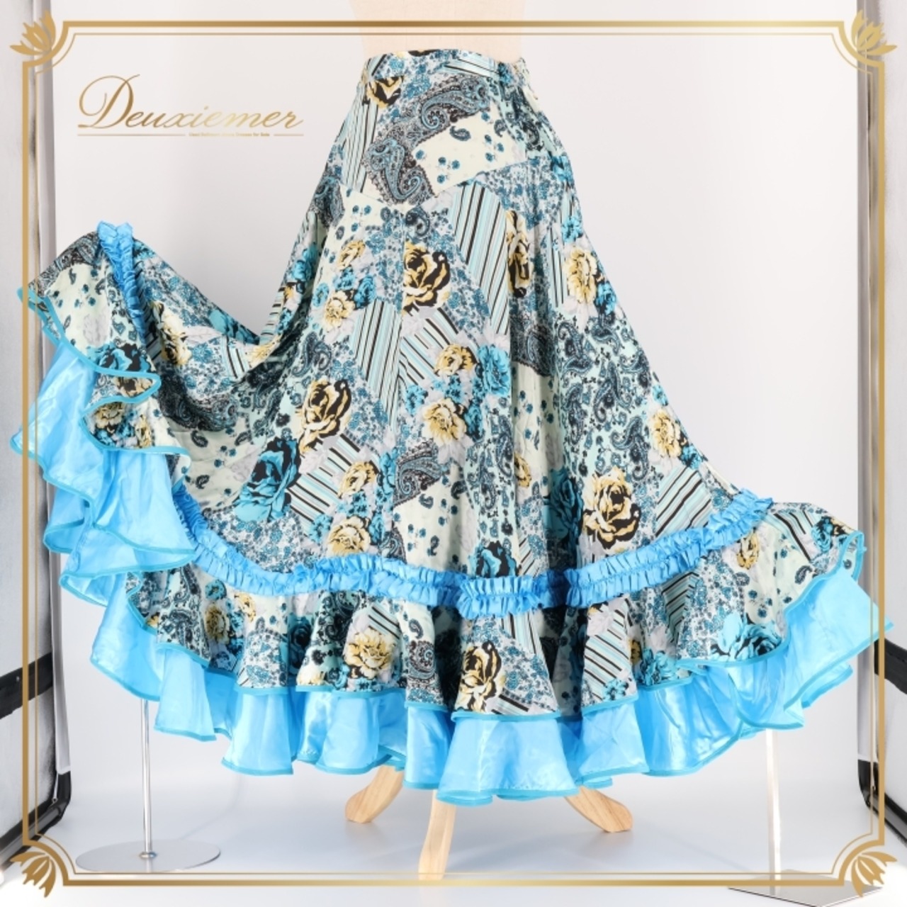 フラメンコ 衣装 ファルダ スカート ボランテ フリル レース 光沢 柄 模様 軽い ダンス パーティ 発表会 水色 青 ブルー系 フェスティバル おしゃれ 衣装用 生地 軽量 レディース 楽しい
