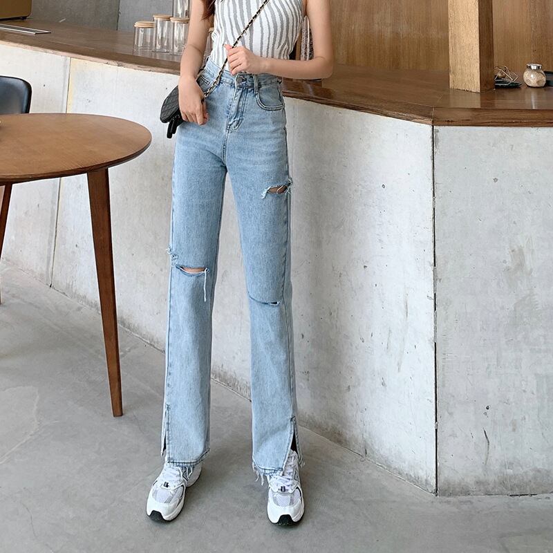 【新作】【送料無料】 ライトカラースリットジーンズプラスサイズ脂肪ミリメートル女性夏 2021 ストレートルーズリップパンツ小人パンツ 0399871179649