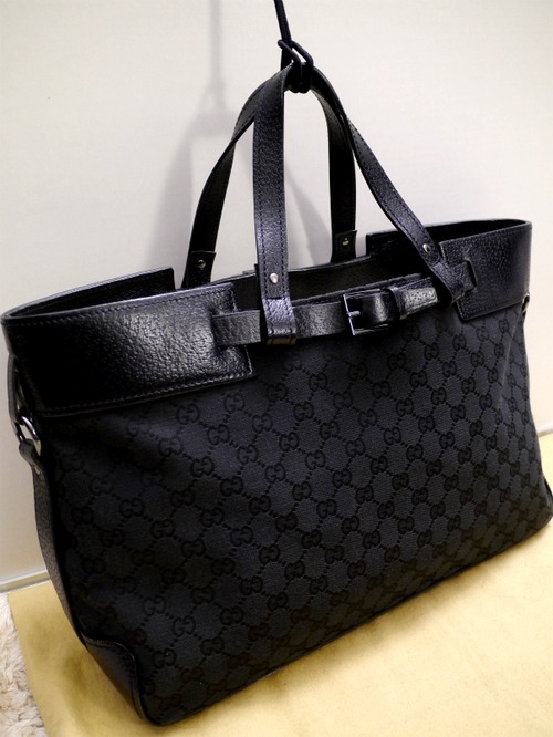 ◆GUCCI グッチ A4対応ビジネス可 ベルトデザイン GG柄 レザーxキャンバス切替 トート ハンド バッグ 黒◆ 大きめのサイズ感で使い勝手抜群