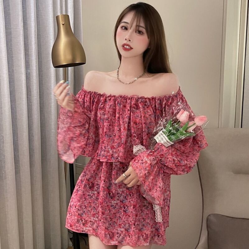 フローラルブラウス サマールーズシフォンシャツ ロング 夏物 花柄 オフショルダー YY-ファッション89918830615