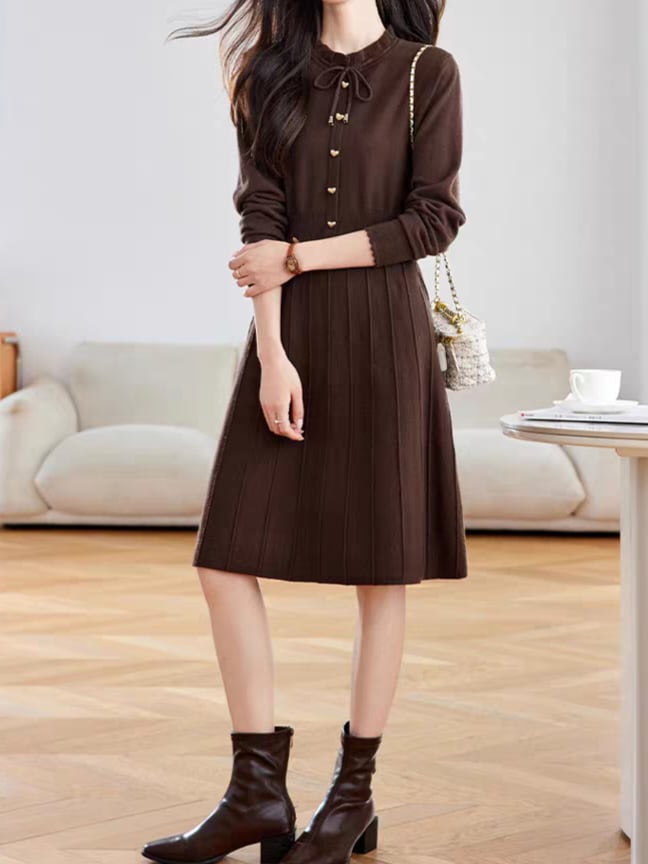 Heart button neck ribbon knit one-piece L0779